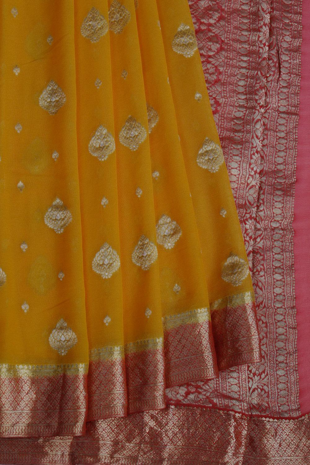 Georgette Mustard Saree With Gold Paisley Motifs